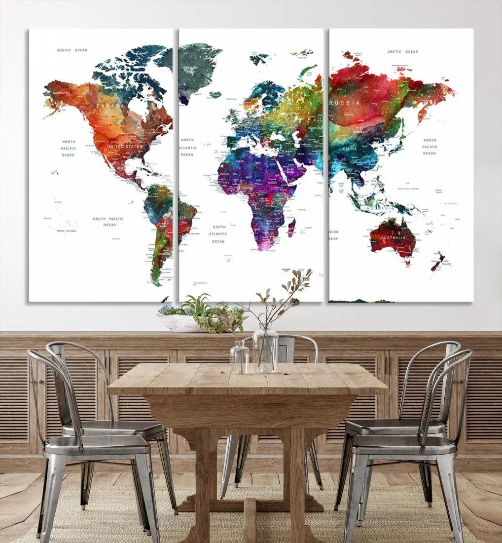 Detailed Watercolor World Map Extra Large Wall Art Canvas Print