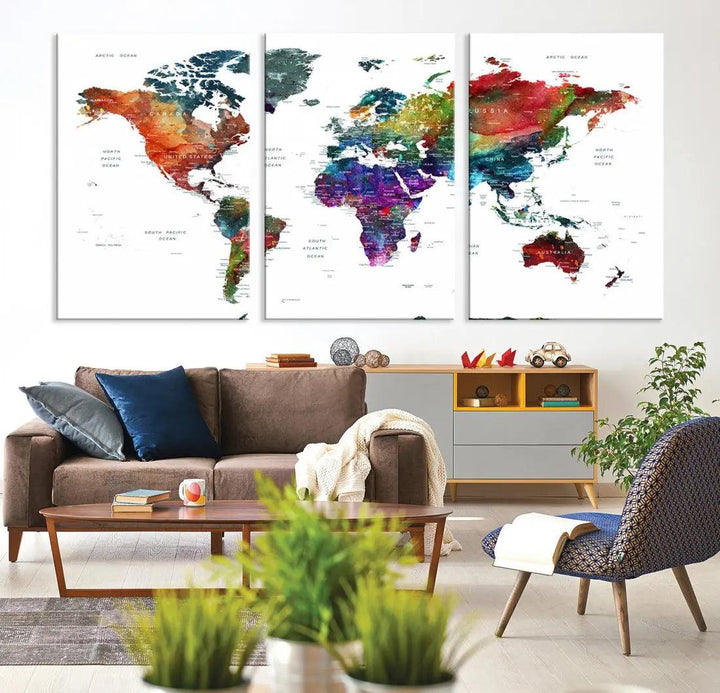 Detailed Watercolor World Map Extra Large Wall Art Canvas Print