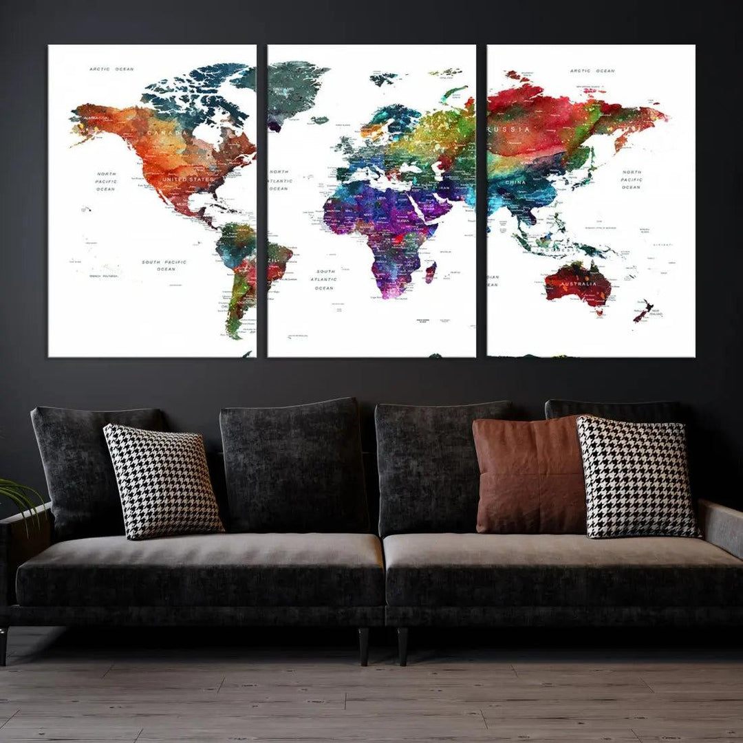 Detailed Watercolor World Map Extra Large Wall Art Canvas Print