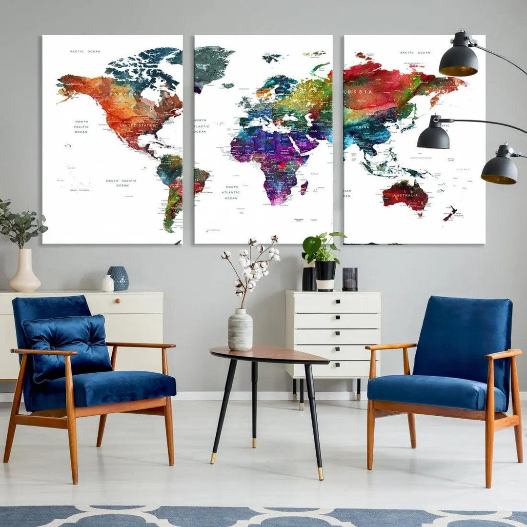 Detailed Watercolor World Map Extra Large Wall Art Canvas Print