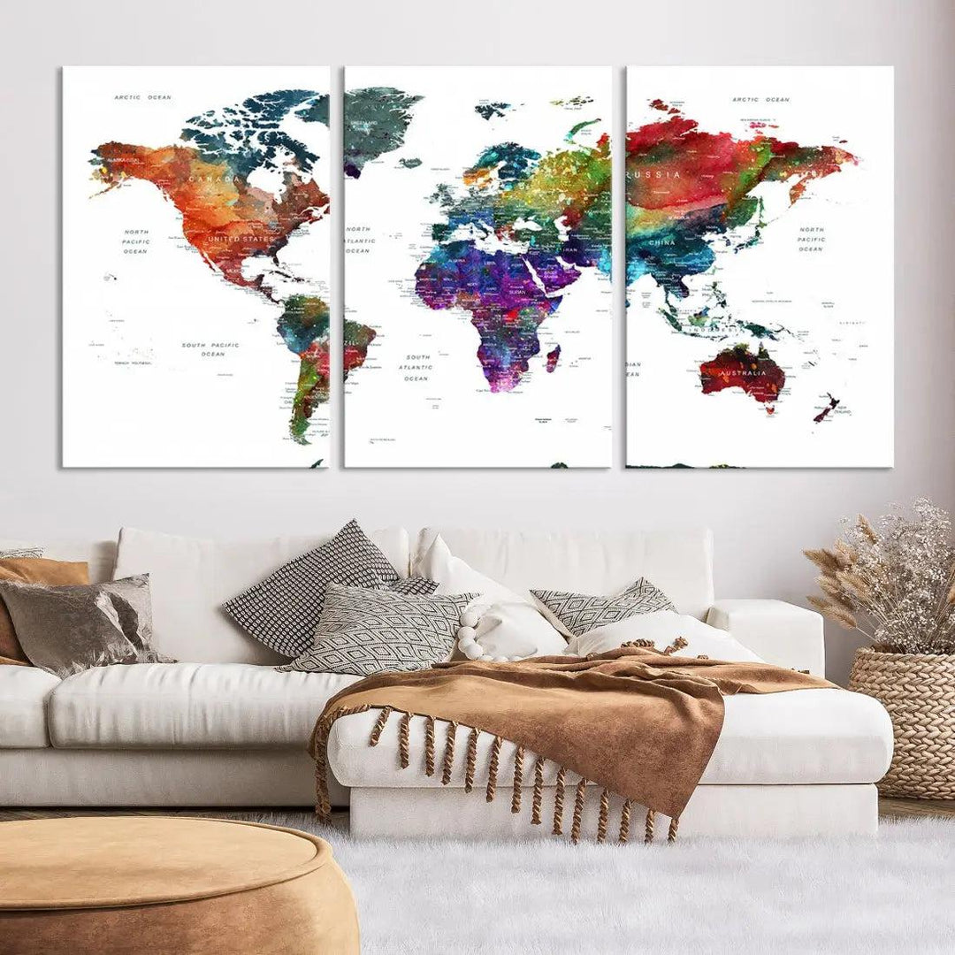 Detailed Watercolor World Map Extra Large Wall Art Canvas Print