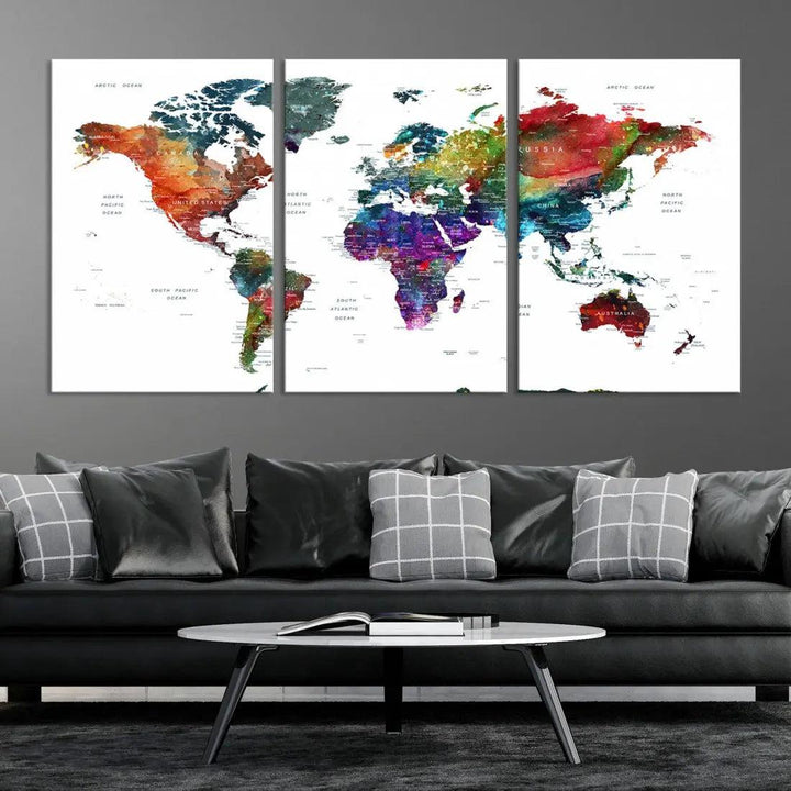 Detailed Watercolor World Map Extra Large Wall Art Canvas Print