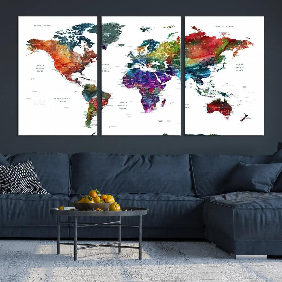 Detailed Watercolor World Map Extra Large Wall Art Canvas Print