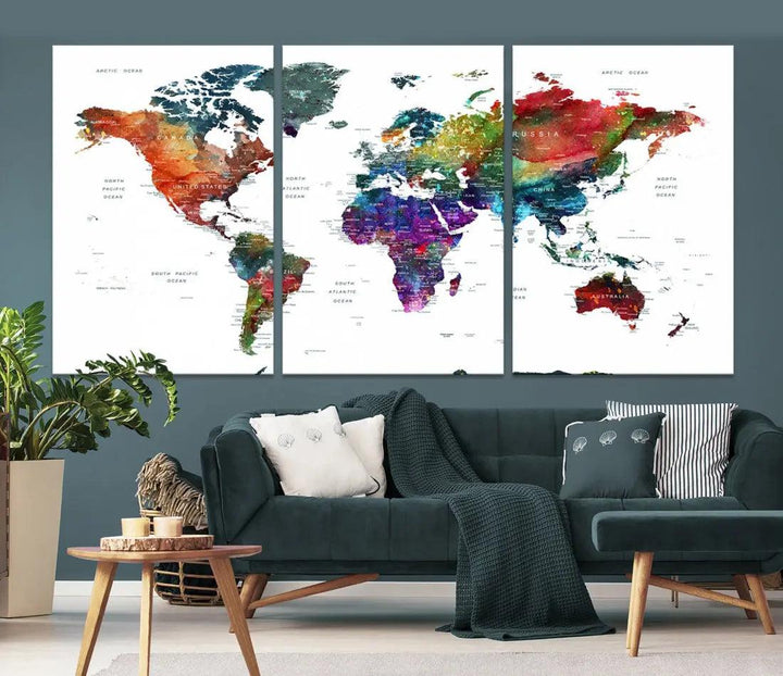 Detailed Watercolor World Map Extra Large Wall Art Canvas Print