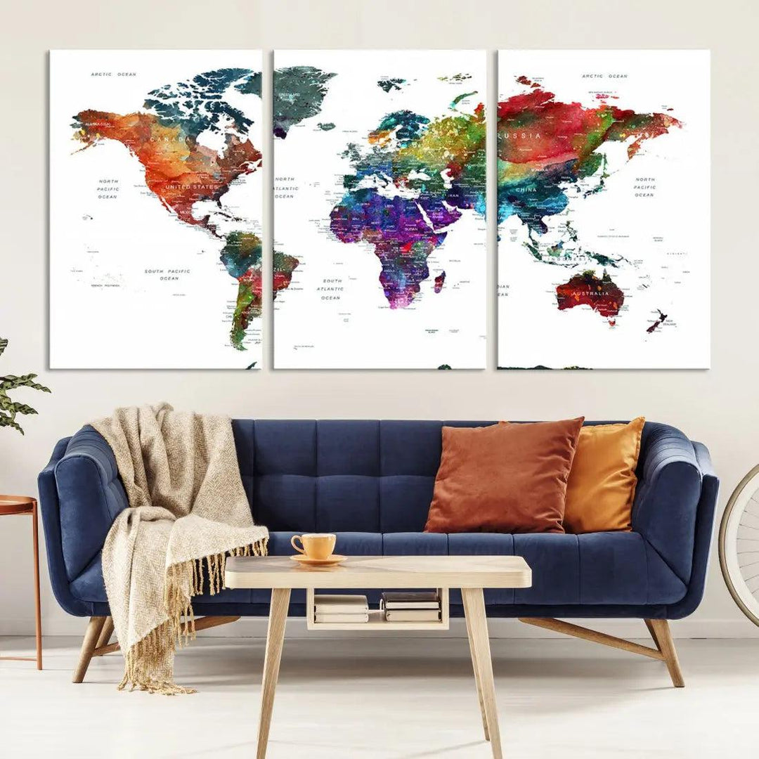 Detailed Watercolor World Map Extra Large Wall Art Canvas Print