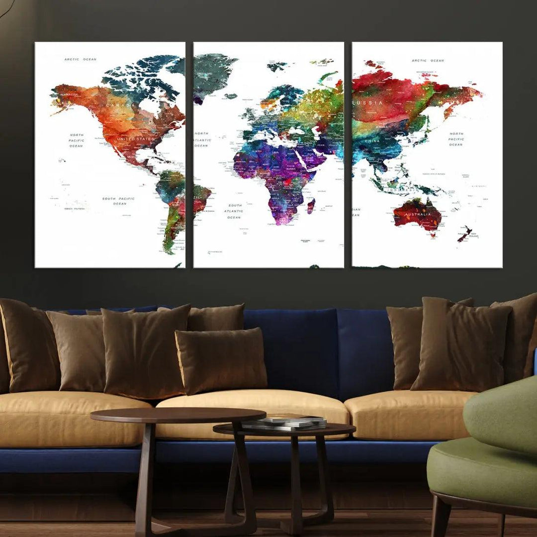 Detailed Watercolor World Map Extra Large Wall Art Canvas Print