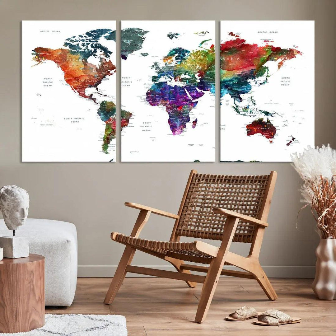 Detailed Watercolor World Map Extra Large Wall Art Canvas Print