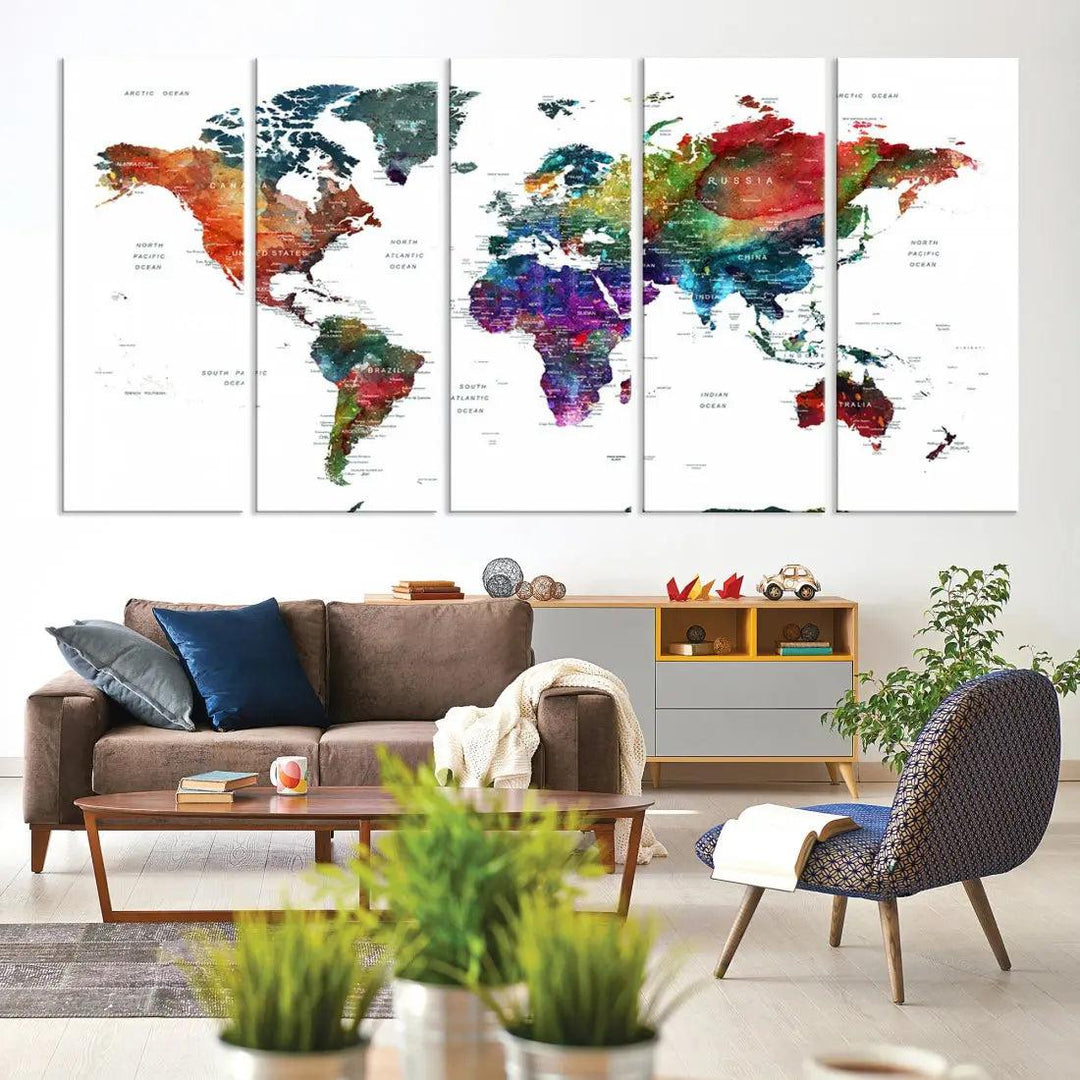 Detailed Watercolor World Map Extra Large Wall Art Canvas Print