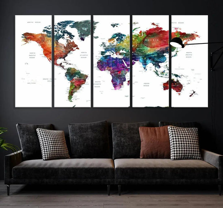 Detailed Watercolor World Map Extra Large Wall Art Canvas Print