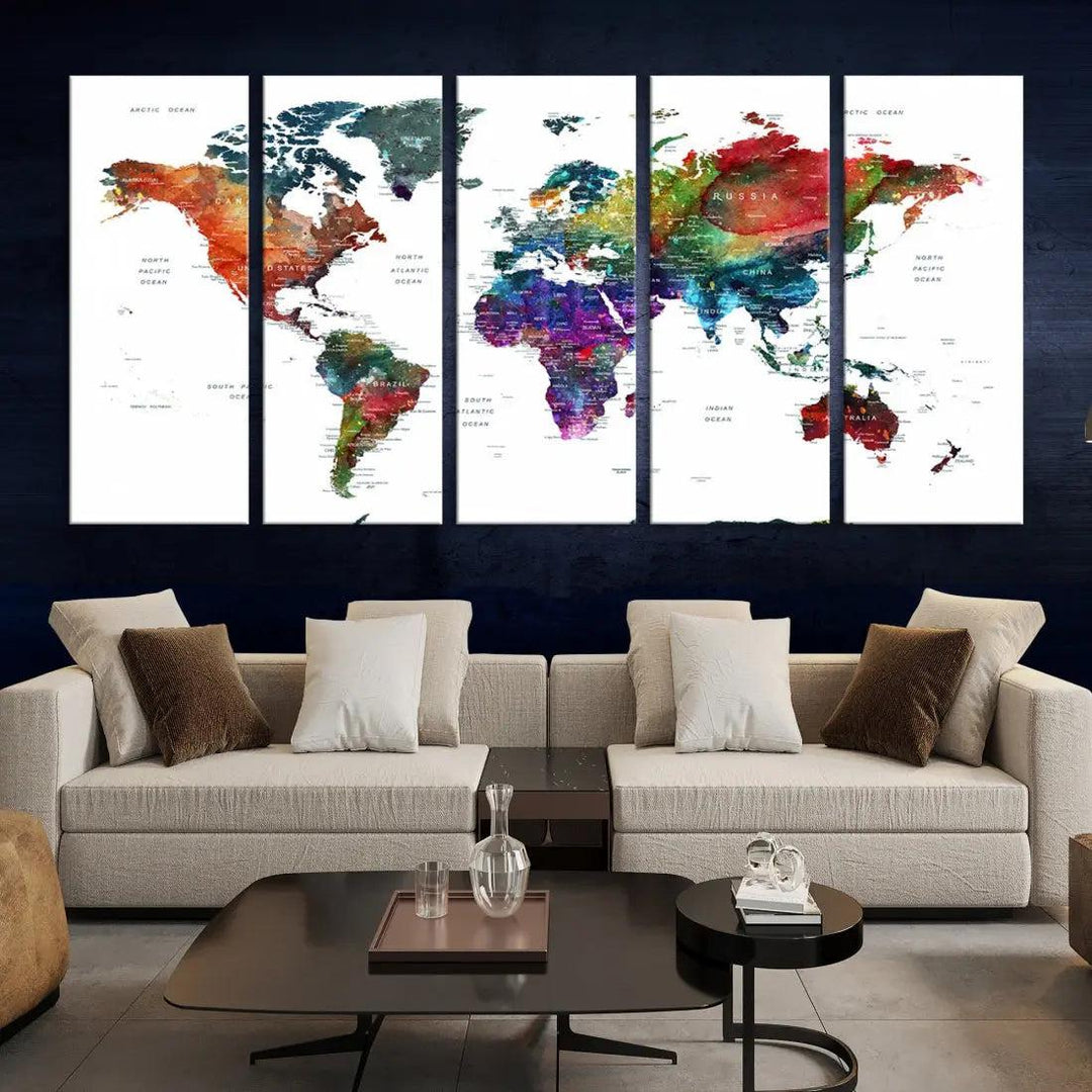 Detailed Watercolor World Map Extra Large Wall Art Canvas Print