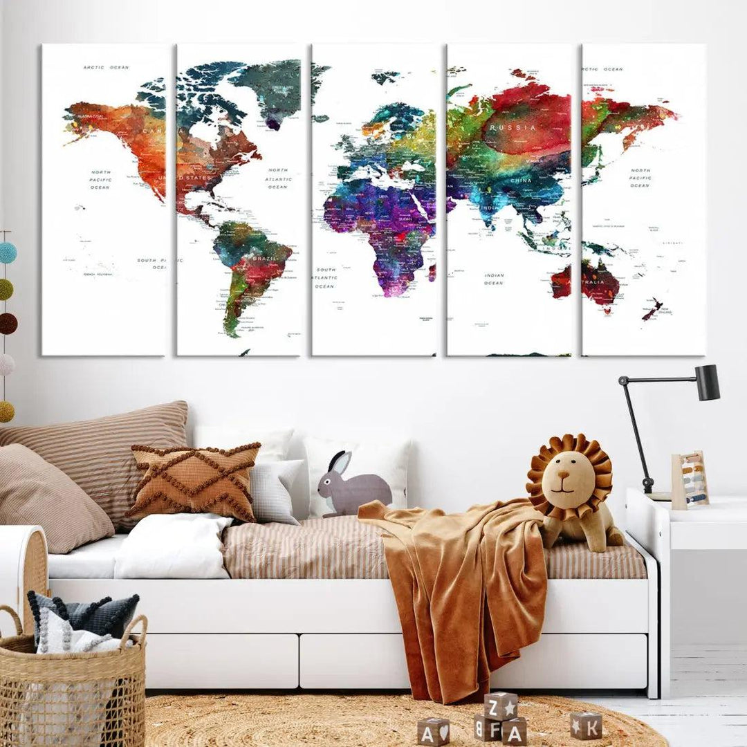 Detailed Watercolor World Map Extra Large Wall Art Canvas Print