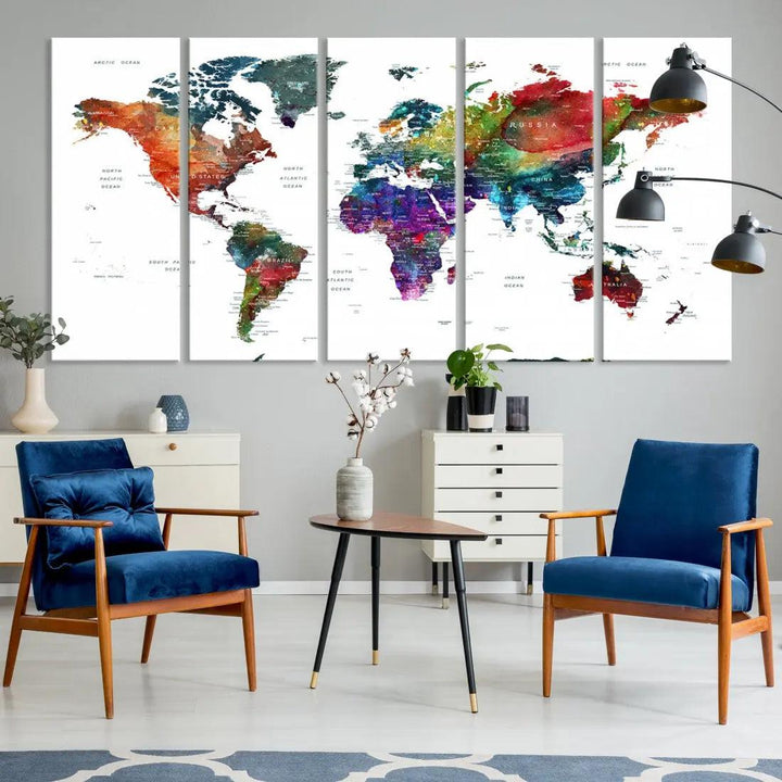 Detailed Watercolor World Map Extra Large Wall Art Canvas Print