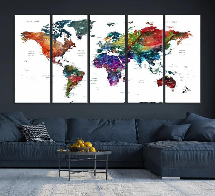 Detailed Watercolor World Map Extra Large Wall Art Canvas Print