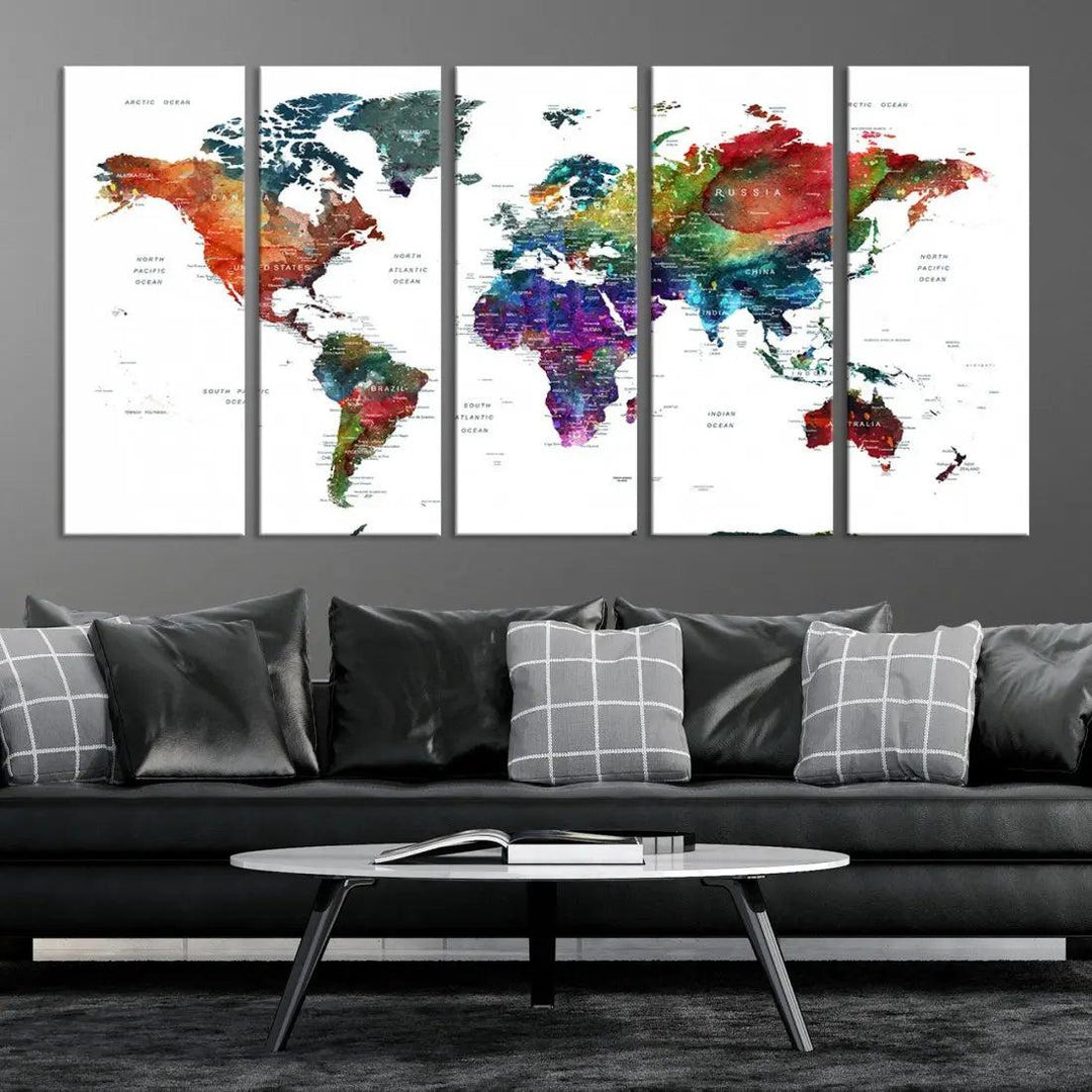 Detailed Watercolor World Map Extra Large Wall Art Canvas Print