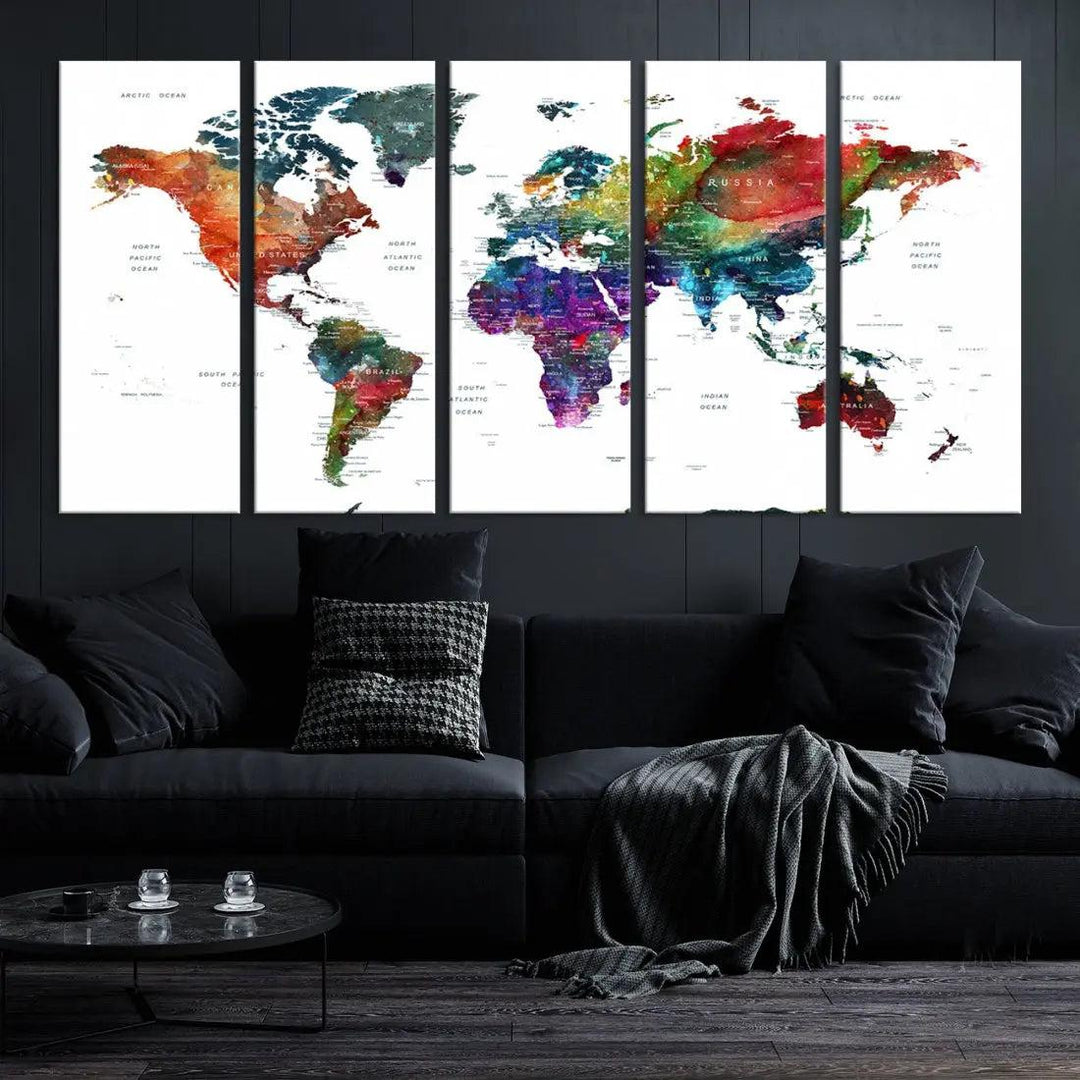 Detailed Watercolor World Map Extra Large Wall Art Canvas Print