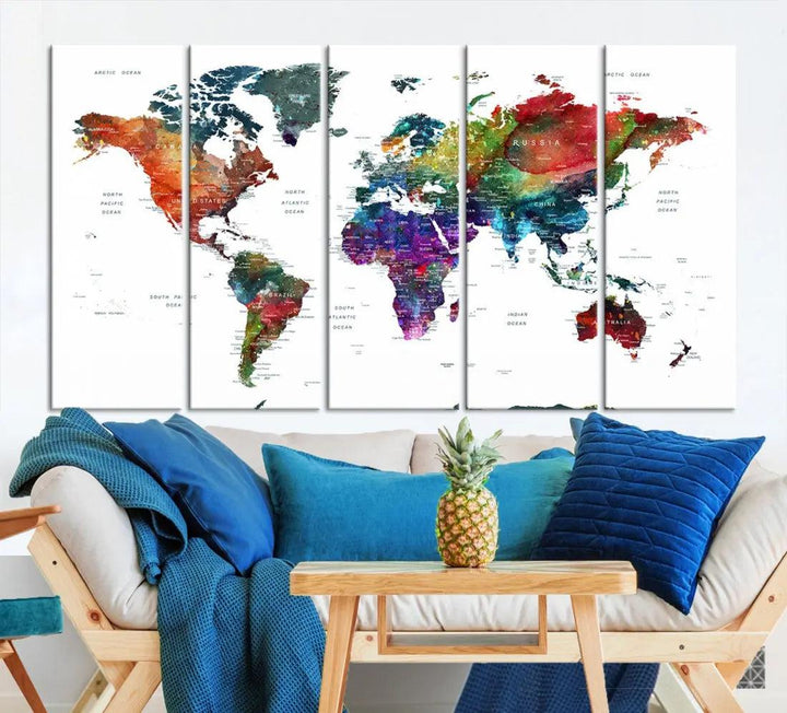 Detailed Watercolor World Map Extra Large Wall Art Canvas Print