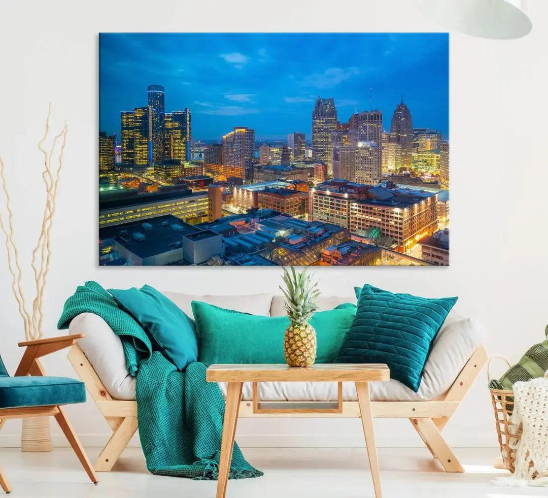 Detroit Aerial View Cityscape Wall Art Skyline Canvas Print