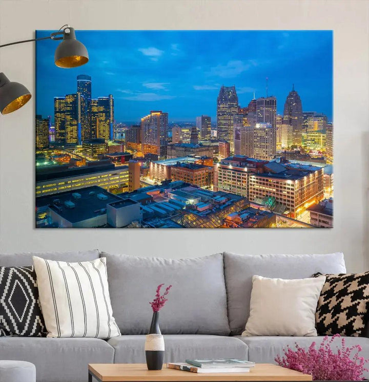 Detroit Aerial View Cityscape Wall Art Skyline Canvas Print