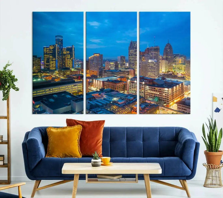 Detroit Aerial View Cityscape Wall Art Skyline Canvas Print