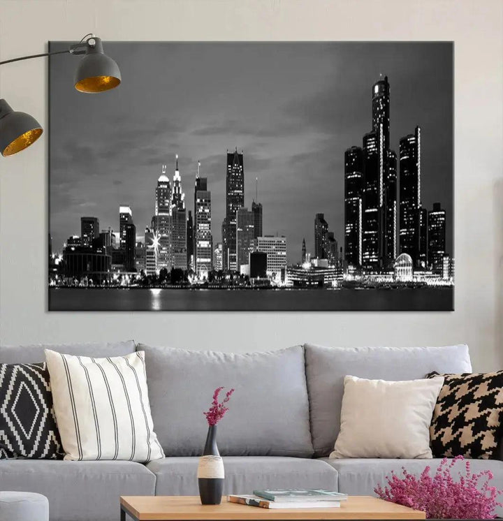 Detroit City Lights Black and White Skyline Wall Art Framed Canvas Print