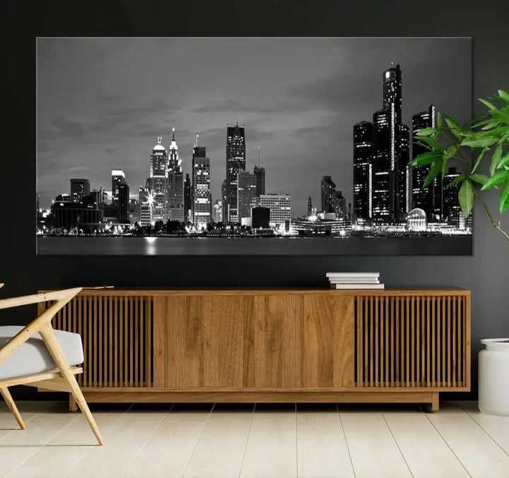 Detroit City Lights Black and White Skyline Wall Art Framed Canvas Print