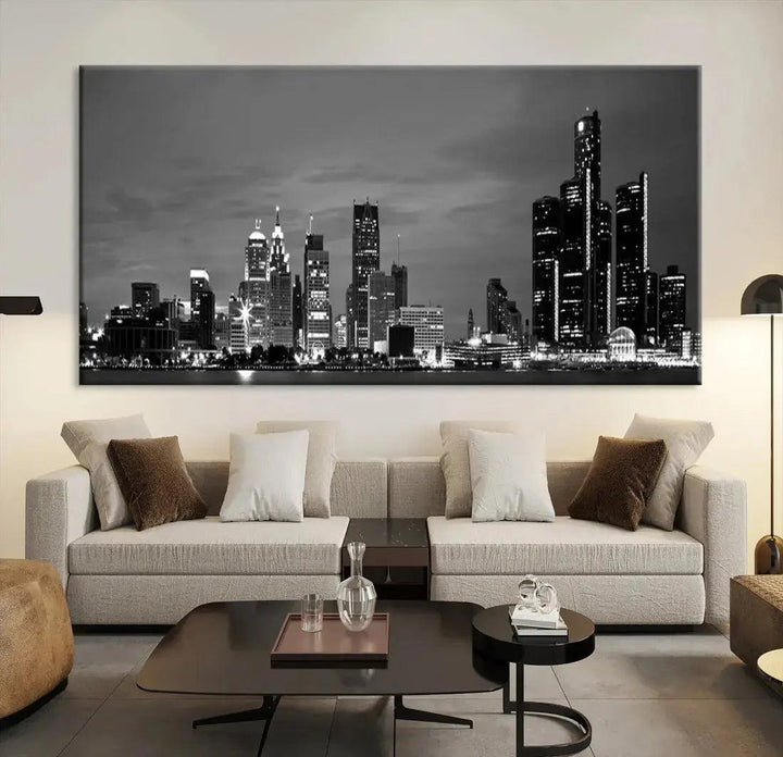 Detroit City Lights Black and White Skyline Wall Art Framed Canvas Print