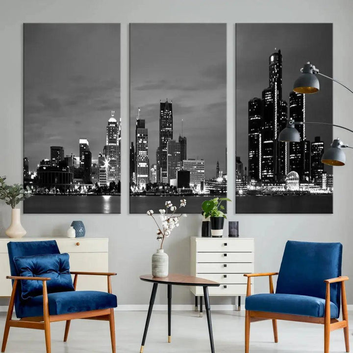 Detroit City Lights Black and White Skyline Wall Art Framed Canvas Print