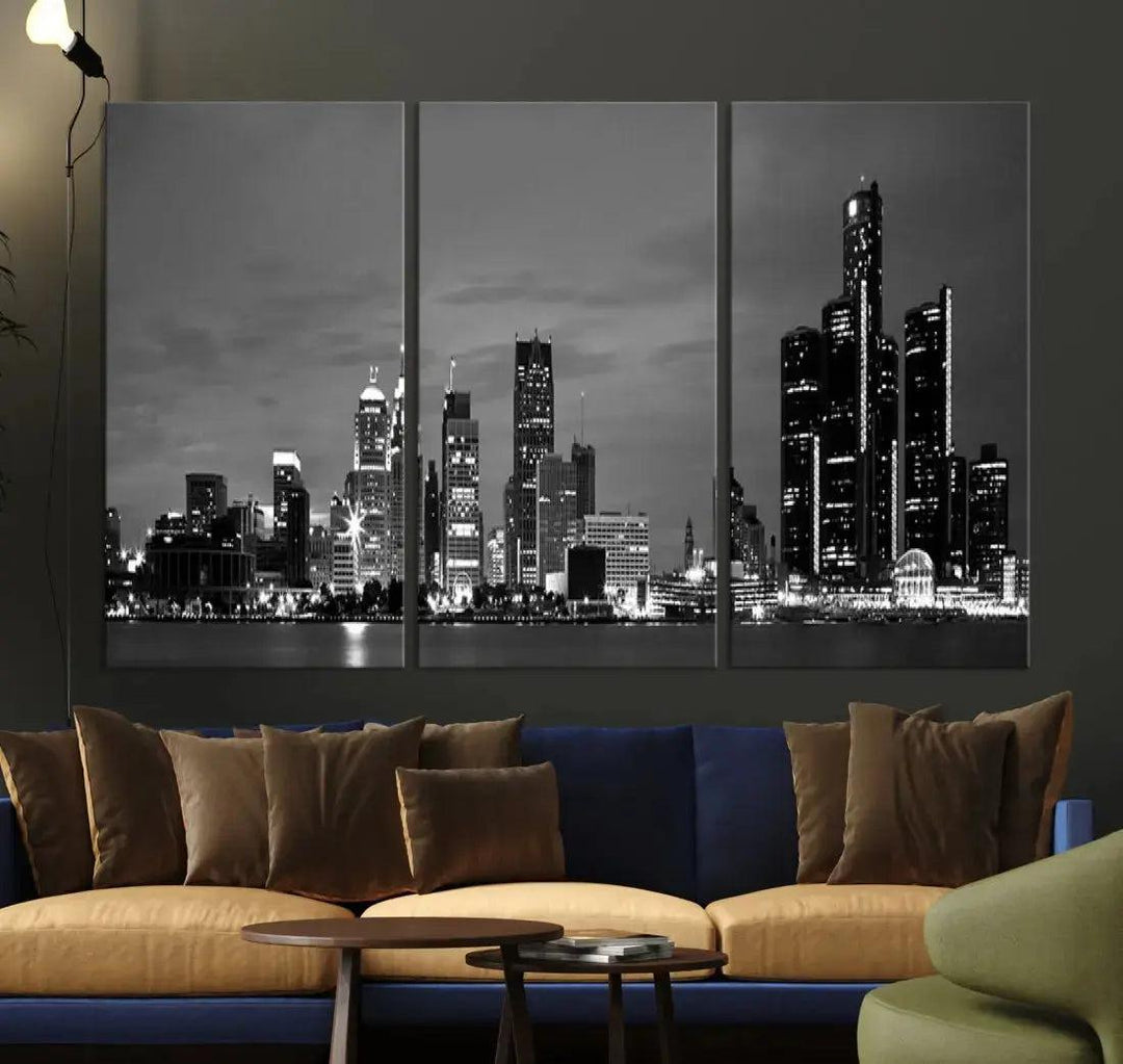 Detroit City Lights Black and White Skyline Wall Art Framed Canvas Print