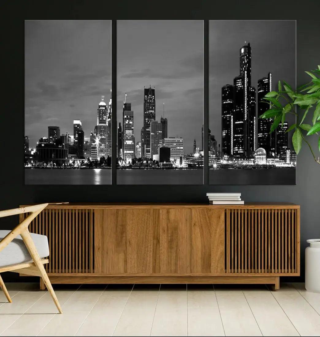 Detroit City Lights Black and White Skyline Wall Art Framed Canvas Print