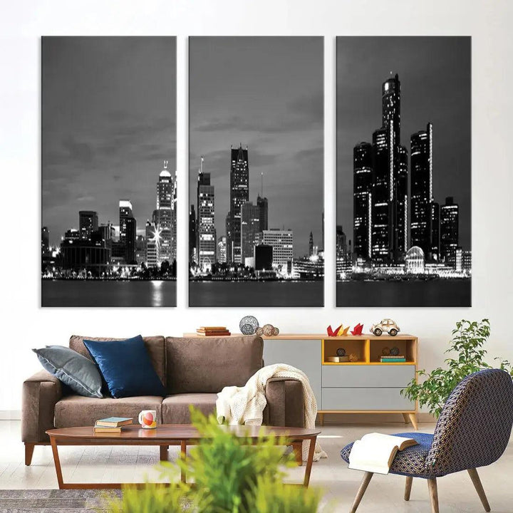 Detroit City Lights Black and White Skyline Wall Art Framed Canvas Print