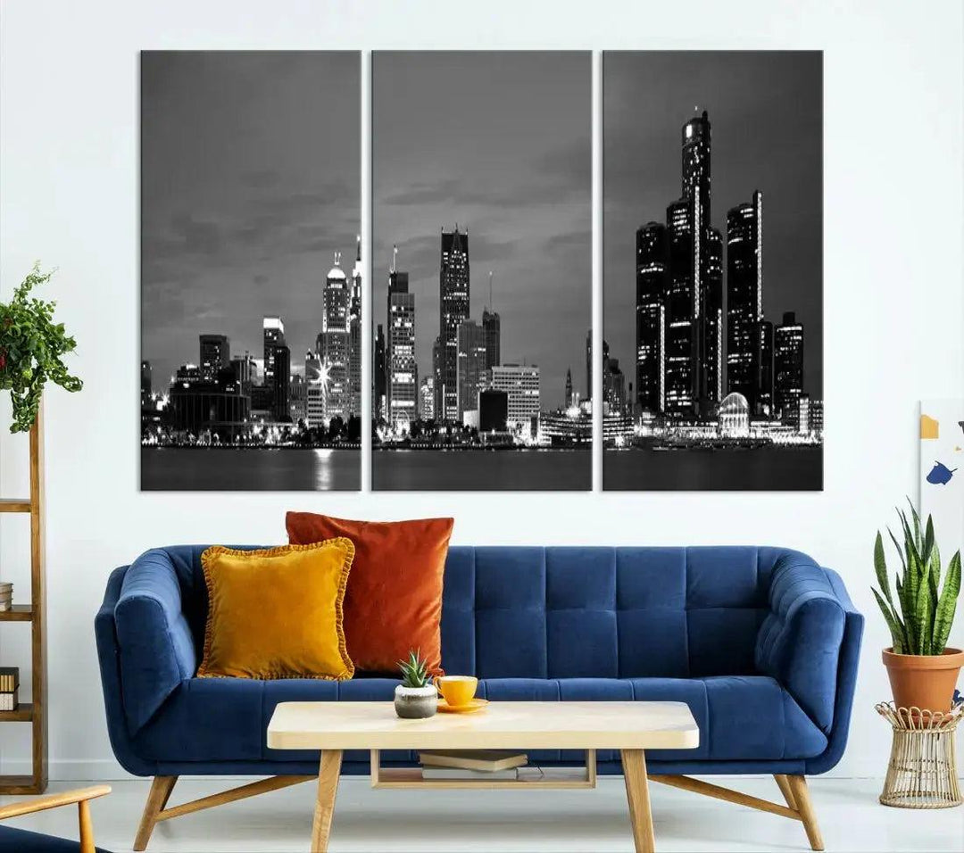 Detroit City Lights Black and White Skyline Wall Art Framed Canvas Print