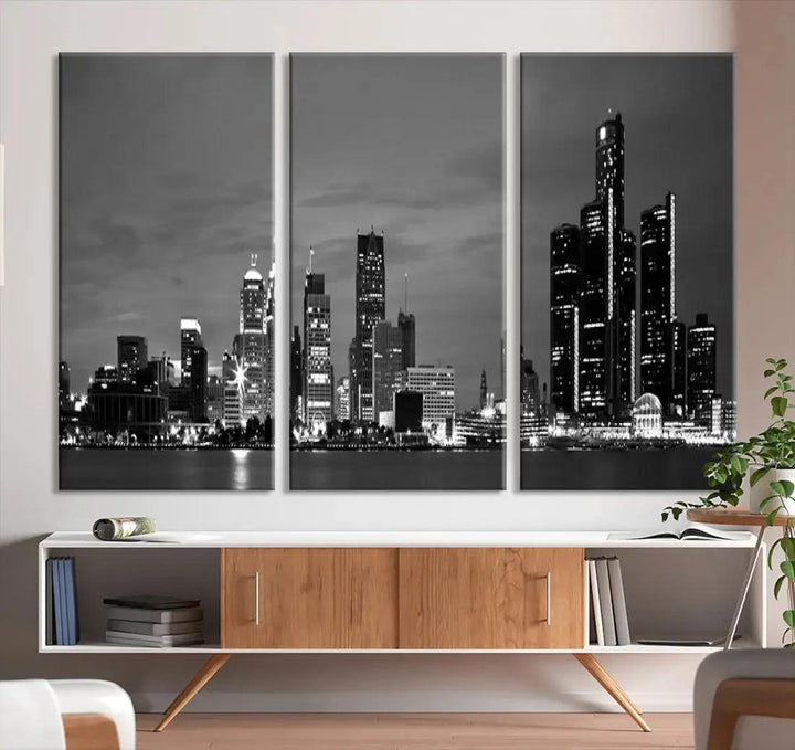 Detroit City Lights Black and White Skyline Wall Art Framed Canvas Print