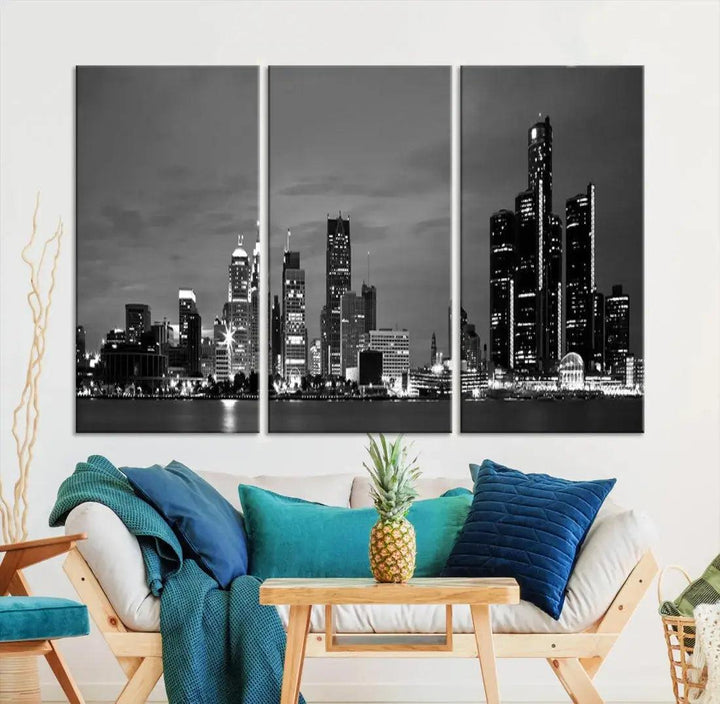 Detroit City Lights Black and White Skyline Wall Art Framed Canvas Print