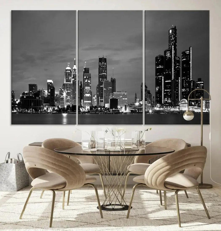 Detroit City Lights Black and White Skyline Wall Art Framed Canvas Print