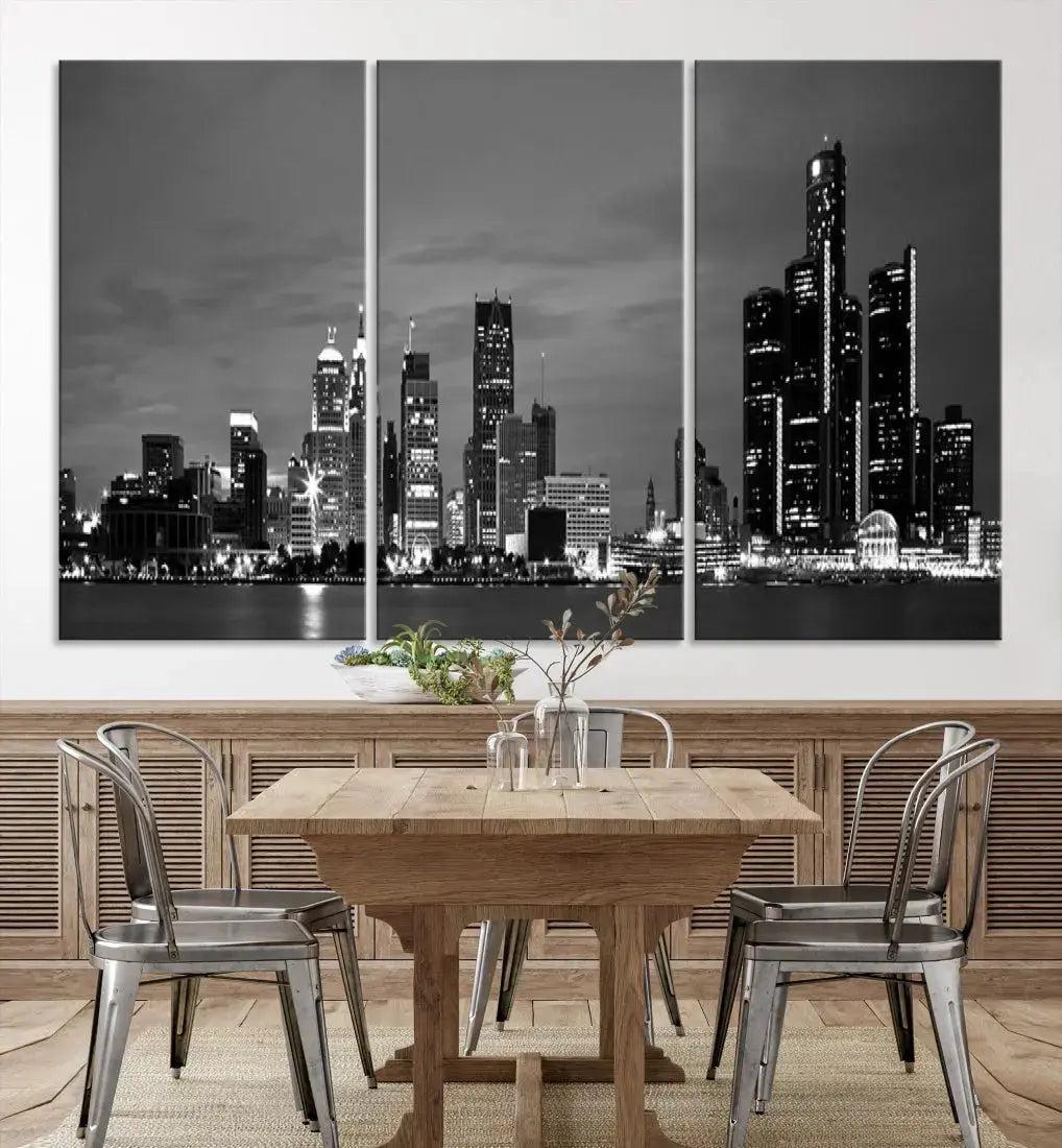 Detroit City Lights Black and White Skyline Wall Art Framed Canvas Print