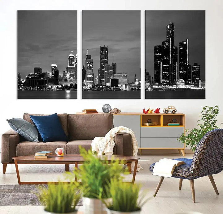 Detroit City Lights Black and White Skyline Wall Art Framed Canvas Print