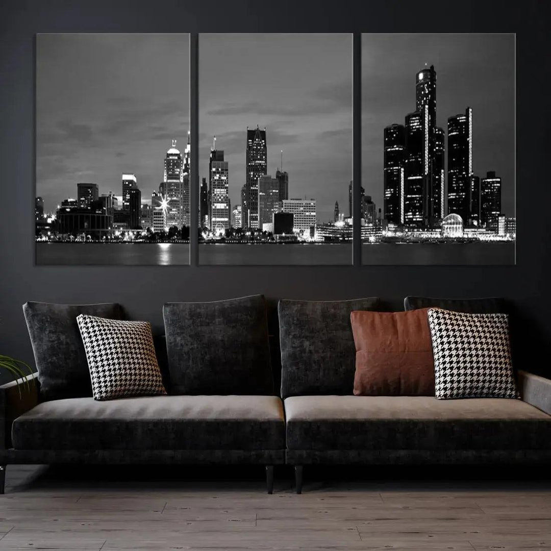 Detroit City Lights Black and White Skyline Wall Art Framed Canvas Print