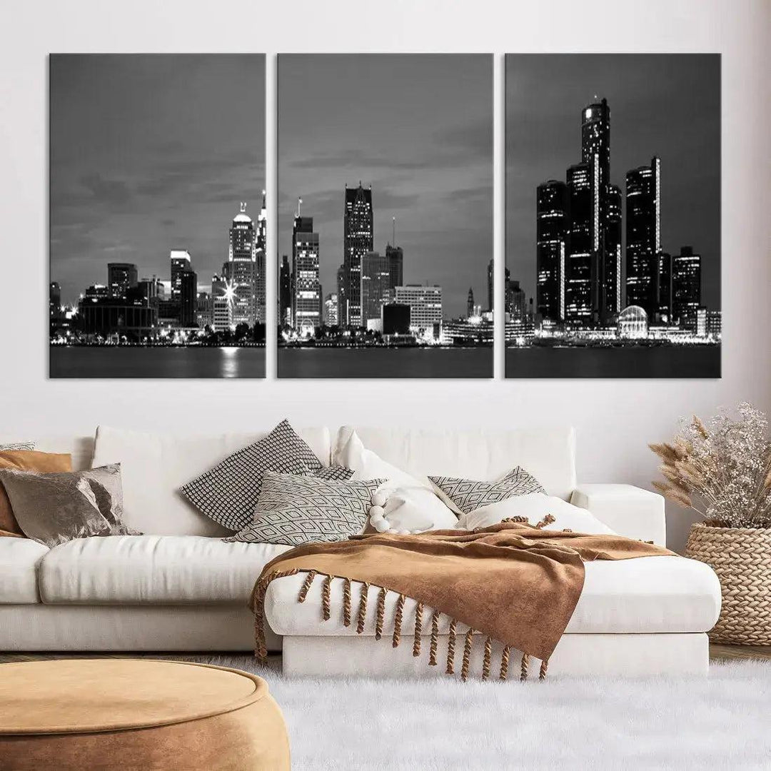 Detroit City Lights Black and White Skyline Wall Art Framed Canvas Print