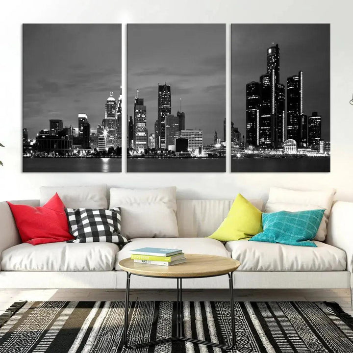 Detroit City Lights Black and White Skyline Wall Art Framed Canvas Print