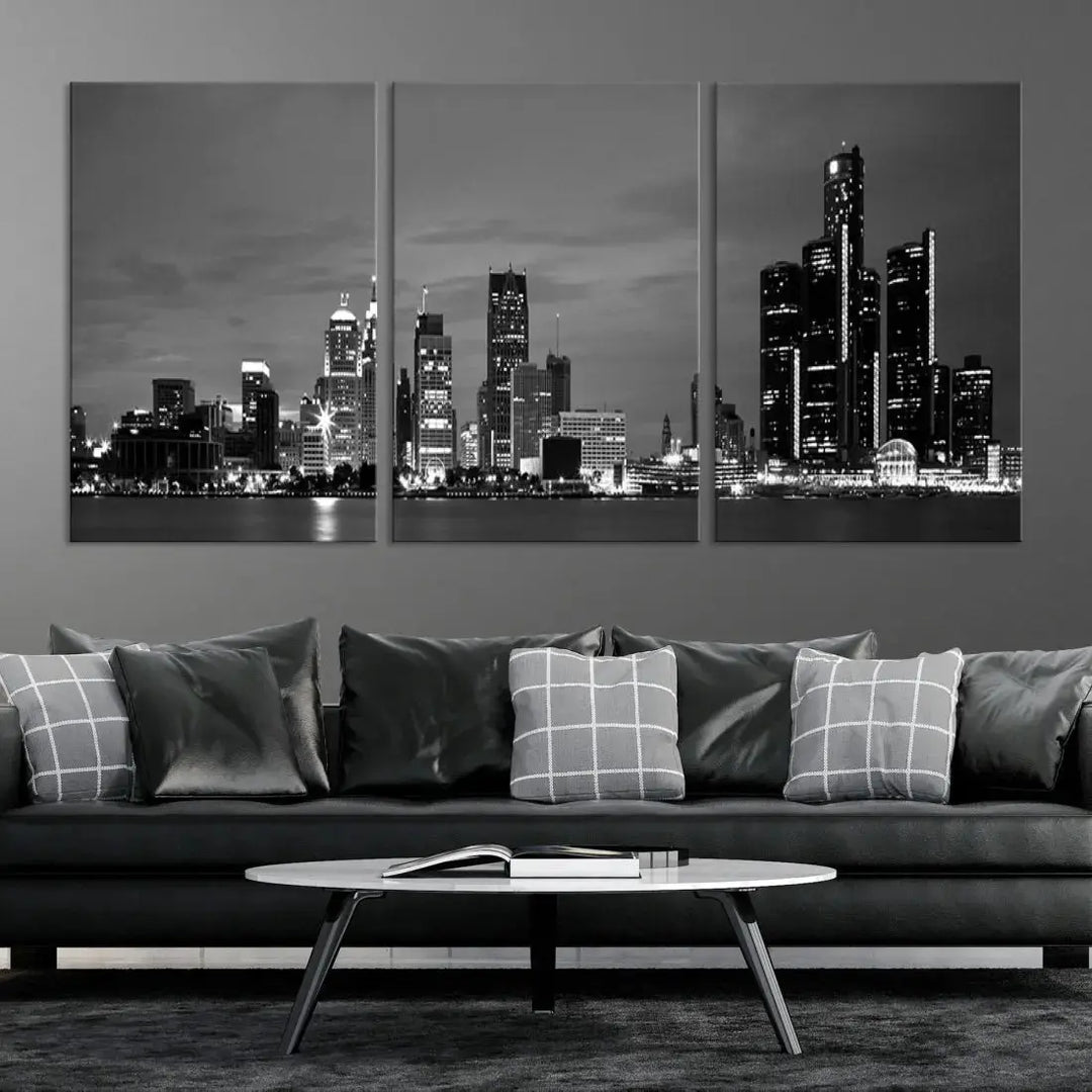 Detroit City Lights Black and White Skyline Wall Art Framed Canvas Print