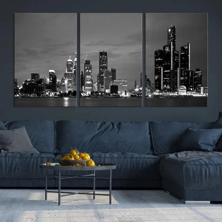 Detroit City Lights Black and White Skyline Wall Art Framed Canvas Print