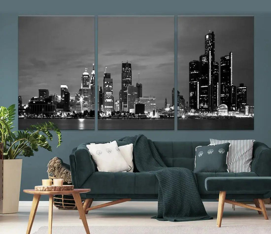 Detroit City Lights Black and White Skyline Wall Art Framed Canvas Print