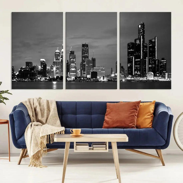 Detroit City Lights Black and White Skyline Wall Art Framed Canvas Print