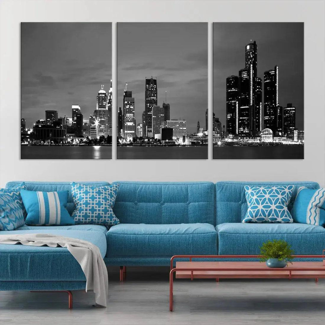 Detroit City Lights Black and White Skyline Wall Art Framed Canvas Print