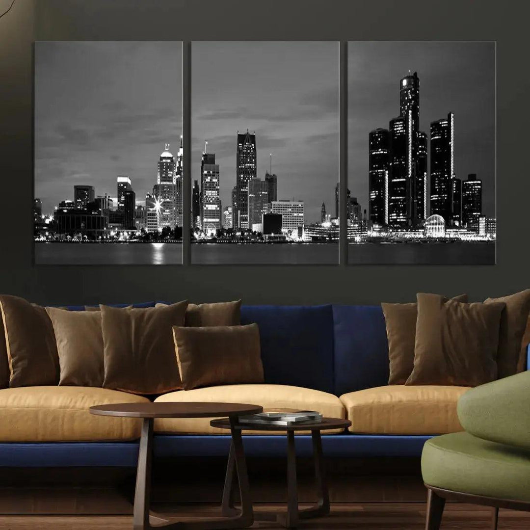 Detroit City Lights Black and White Skyline Wall Art Framed Canvas Print