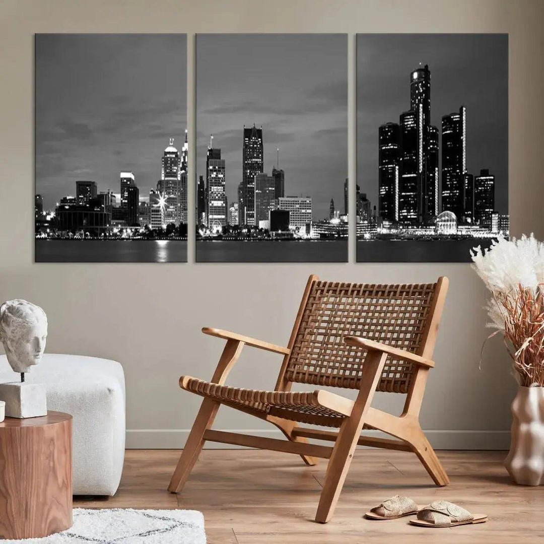 Detroit City Lights Black and White Skyline Wall Art Framed Canvas Print