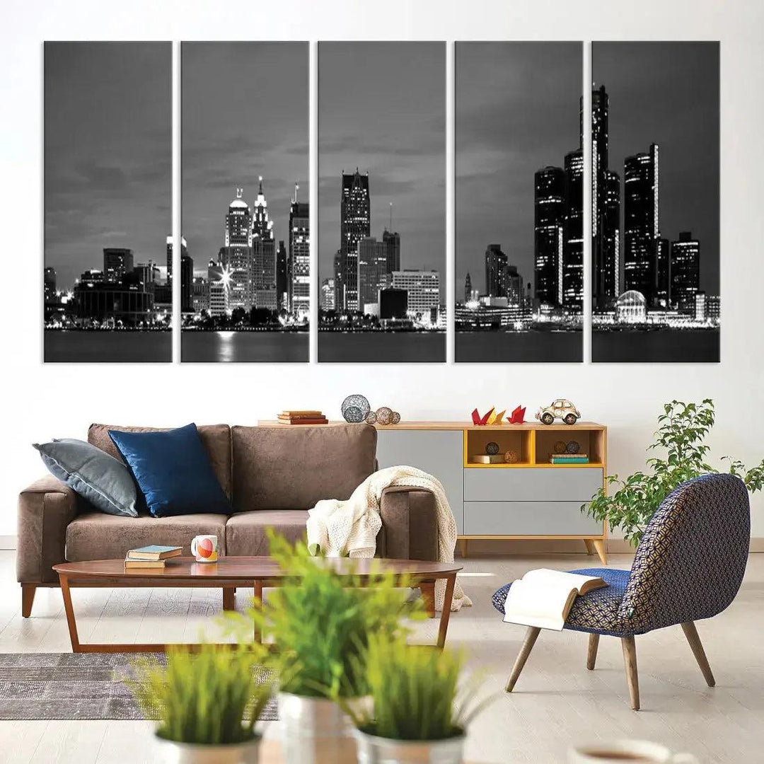 Detroit City Lights Black and White Skyline Wall Art Framed Canvas Print