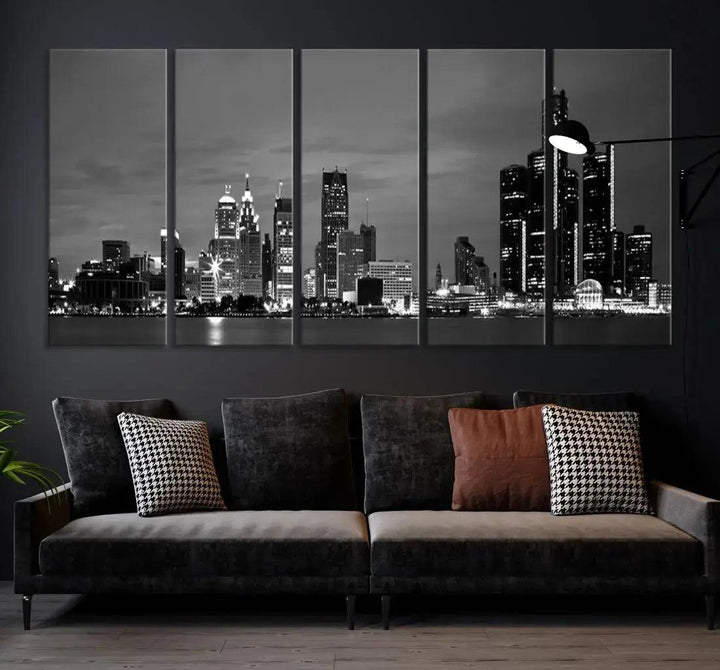 Detroit City Lights Black and White Skyline Wall Art Framed Canvas Print