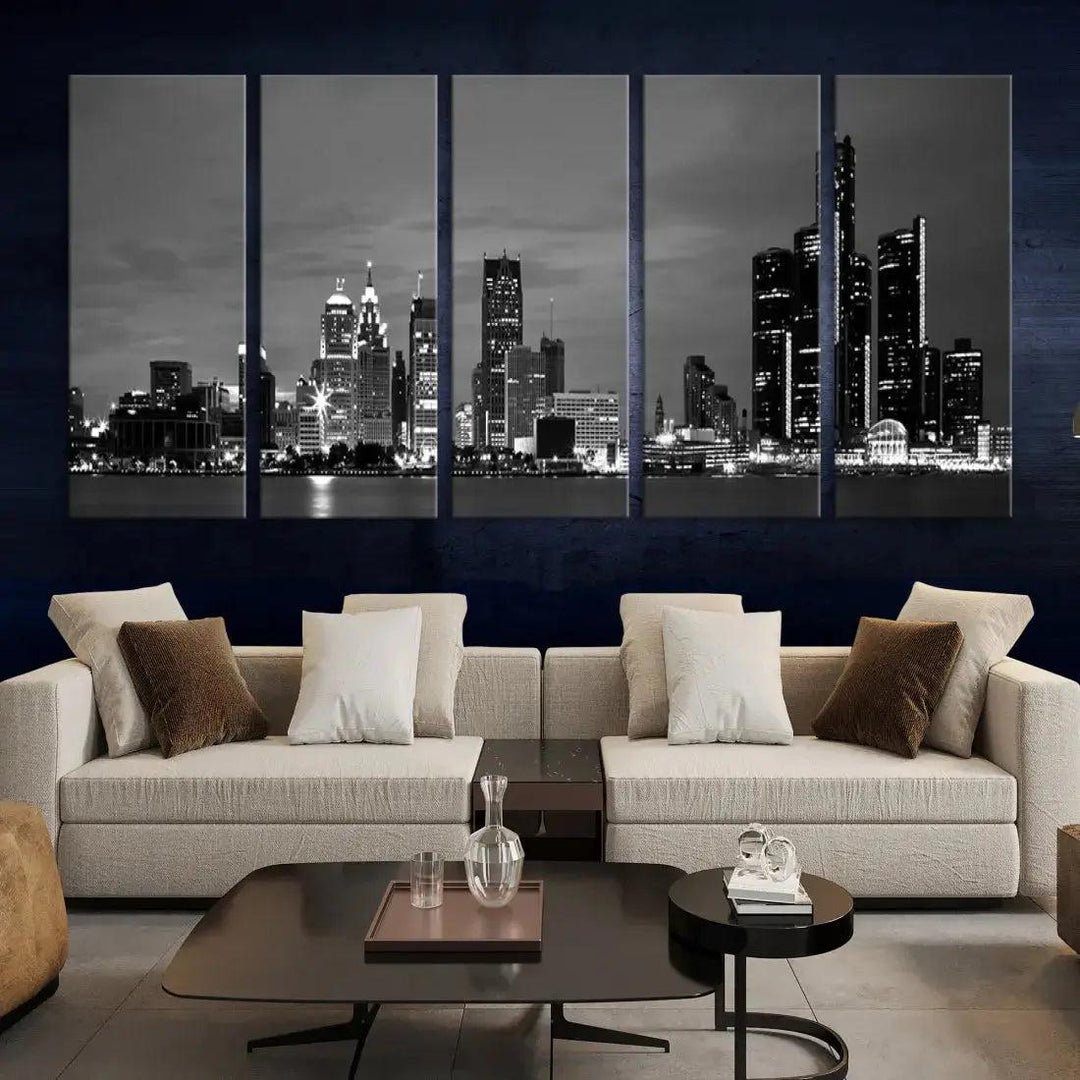 Detroit City Lights Black and White Skyline Wall Art Framed Canvas Print