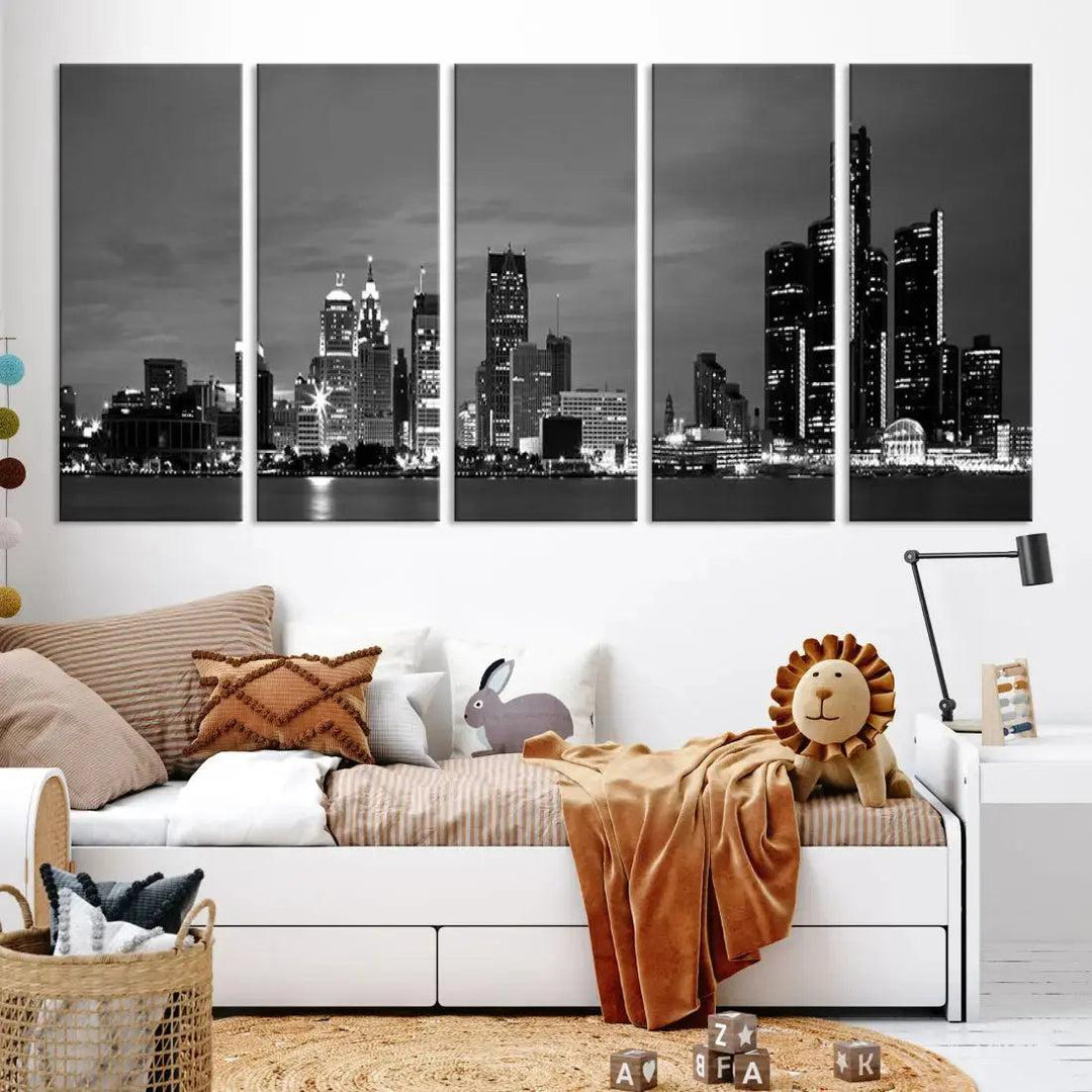 Detroit City Lights Black and White Skyline Wall Art Framed Canvas Print